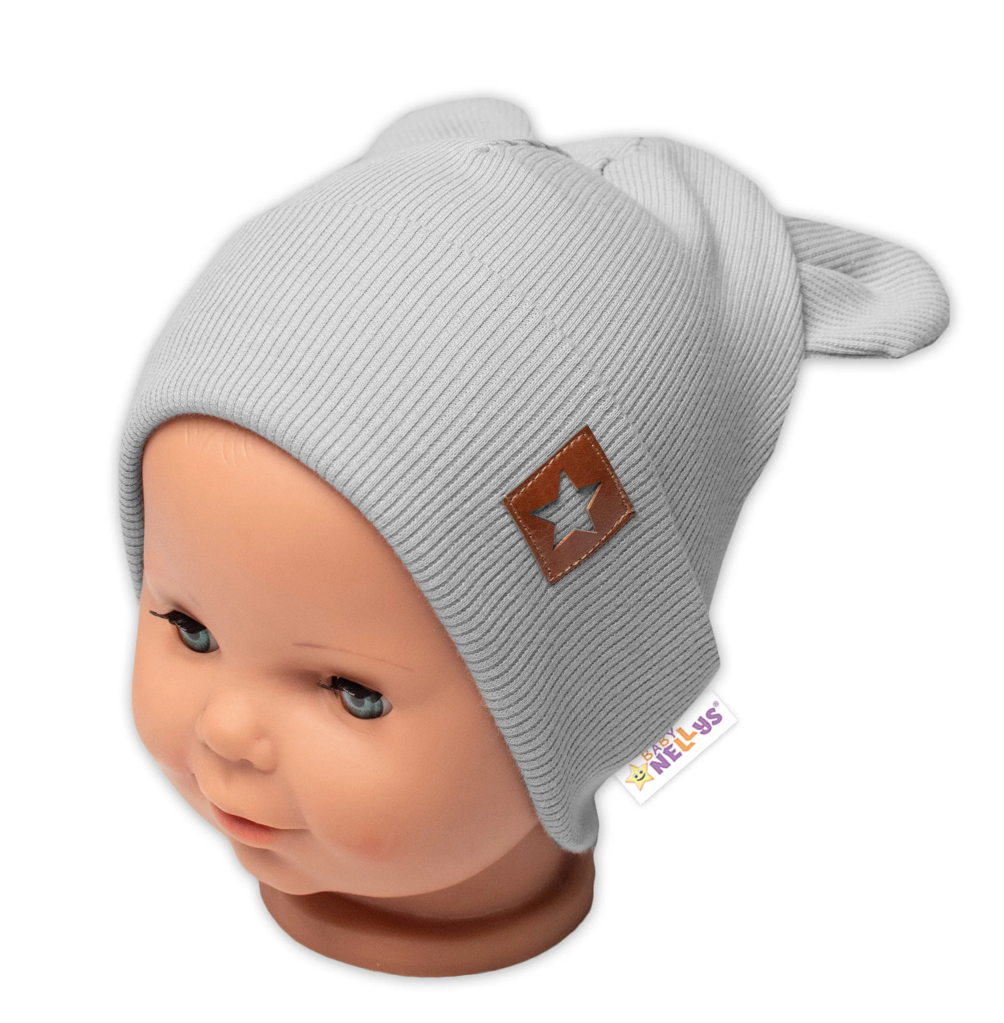 Baby Nellys Rebrovaná dvojvrstvová čiapka s uškami TEDDY - sivá