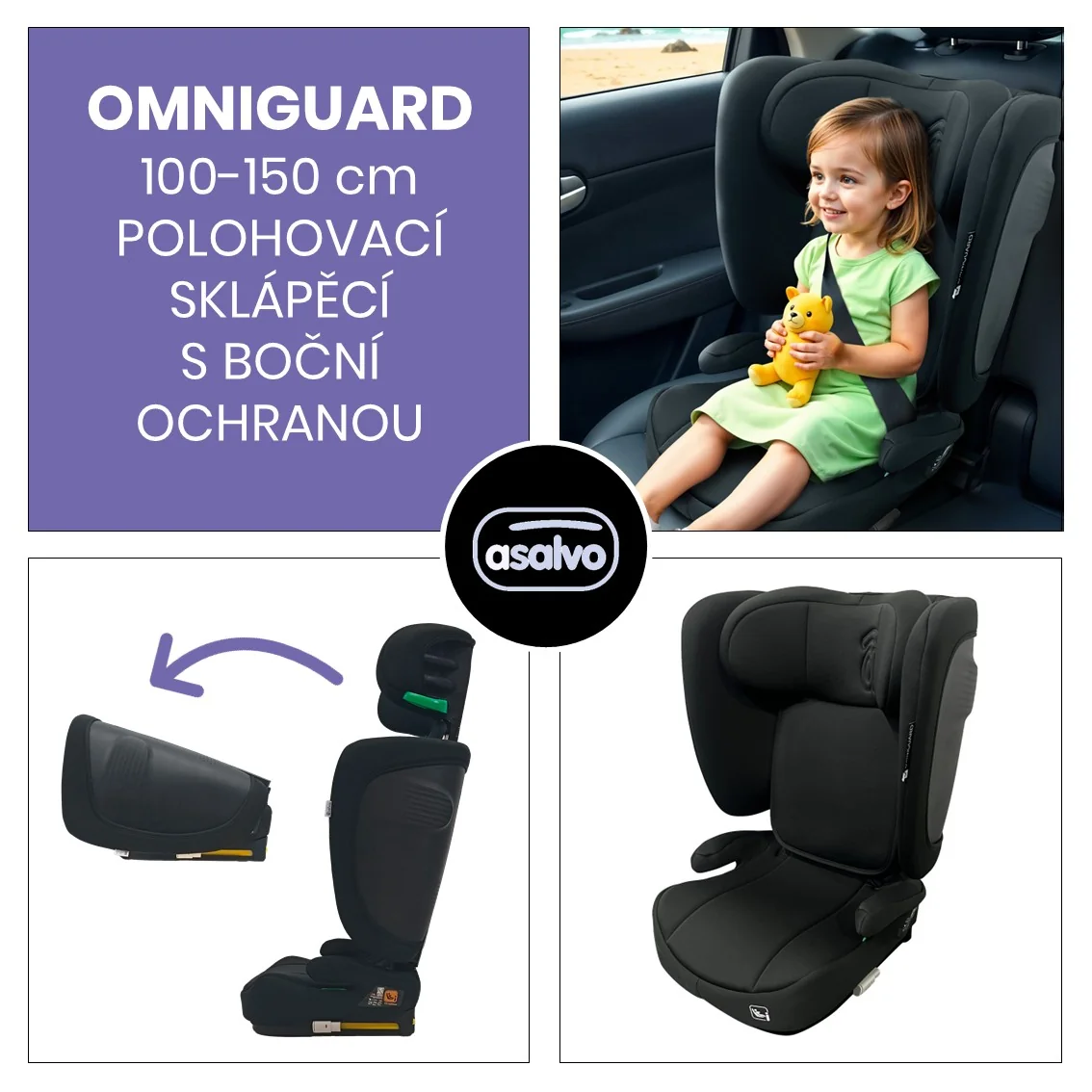 Asalvo OMNIGUARD i-Size sklápacia autosedačka 100–150 cm, čierna