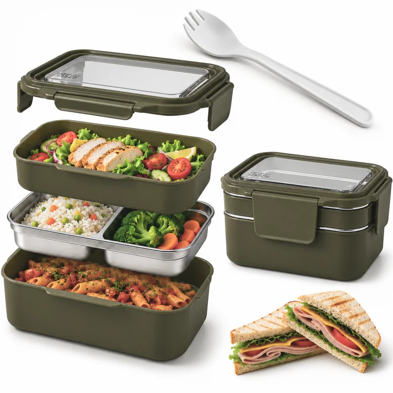 Livefy obedový box s príborom Double Lunch 1.2l, tmavozelený