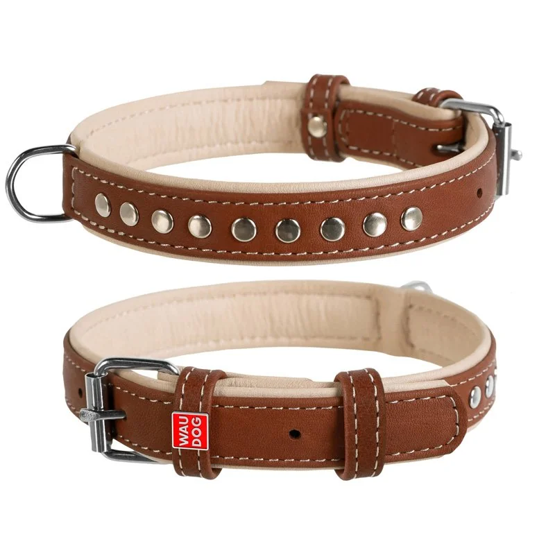 Plochý kožený obojok Soft hnedo béžový vybíjaný, Obvod krku: 27-36cm, šírka: 15mm