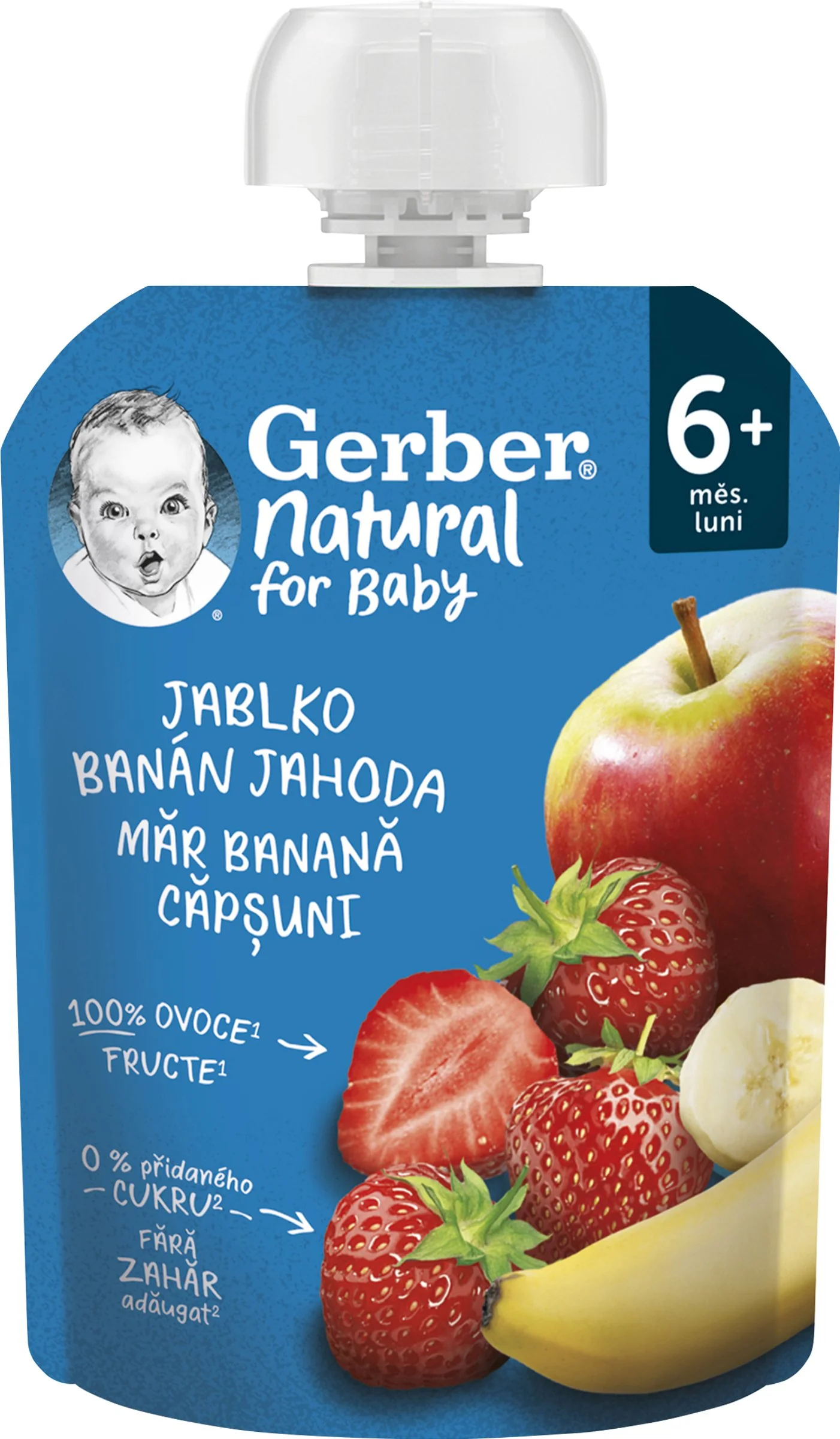 Gerber Natural Kapsička Jablko, banán a jahoda; ovocná desiata (od ukonč. 6. mesiaca) 1×90 g, ovocná kapsička pre deti