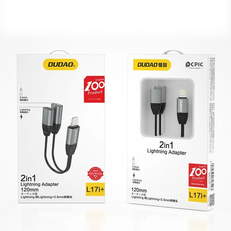 Dudao L17 adaptér Lightning - Lightning / 3,5 mm mini jack, sivý
