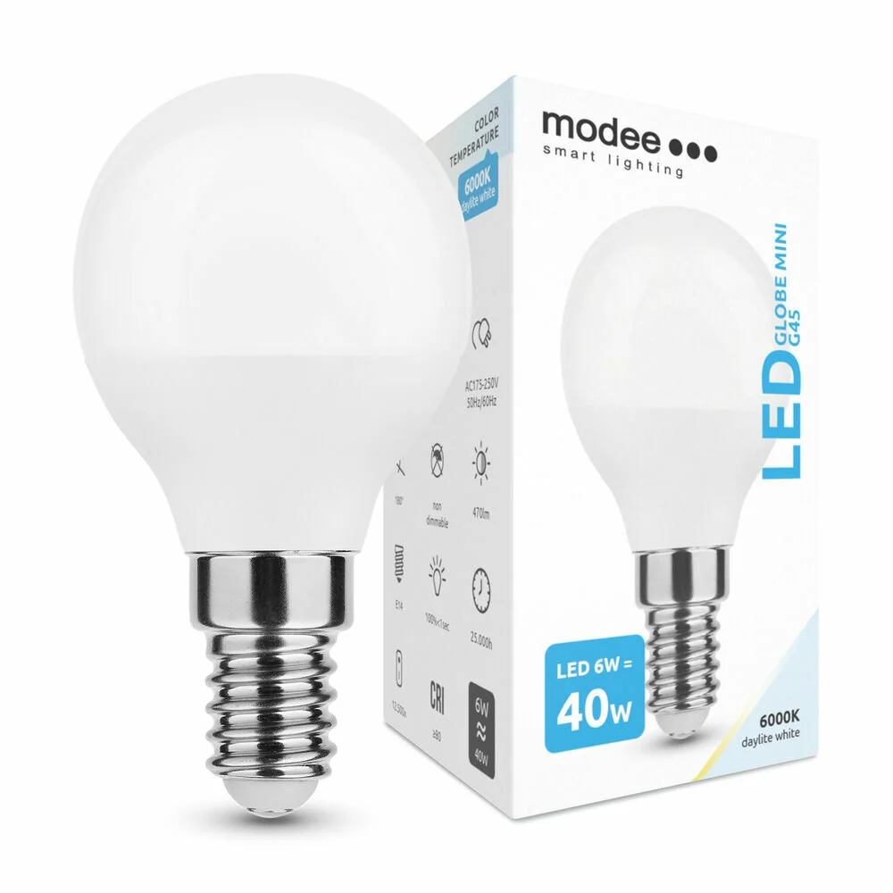 Modee LED žiarovka Globe Mini G45 6W E14 studená biela