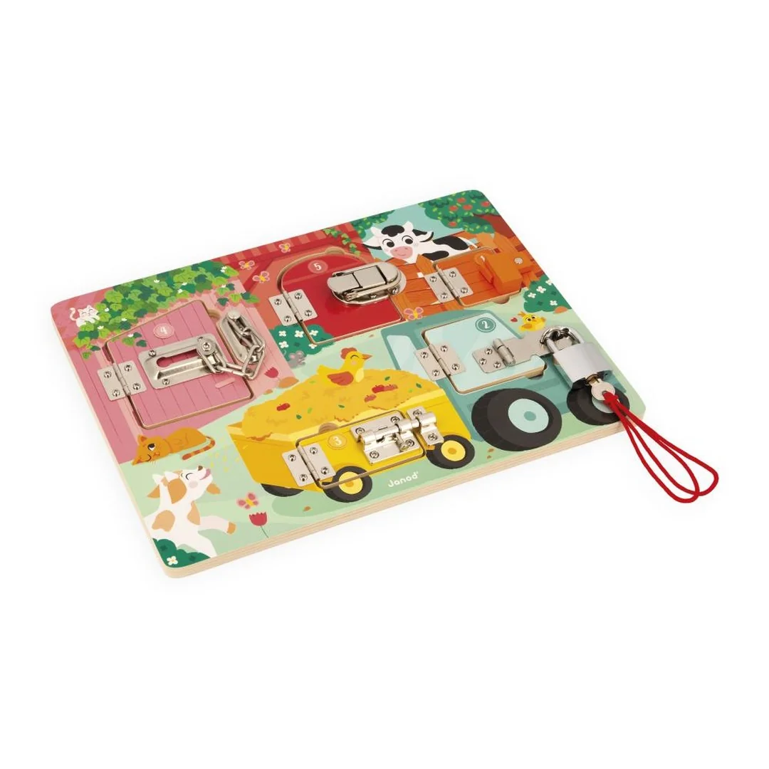 Janod Drevená motorická doska pre deti Zámky