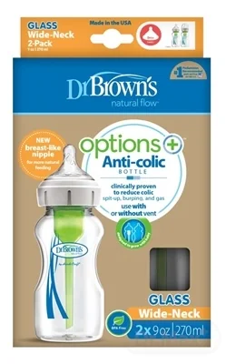 Dr.BROWN´S DOJČENSKÁ FĽAŠA OPTIONS+ 270 ml DUOPACK Wide-neck, 0M+, anti-colic, sklenená, biela (so silikónovým cumľom level-1) 1x2 ks