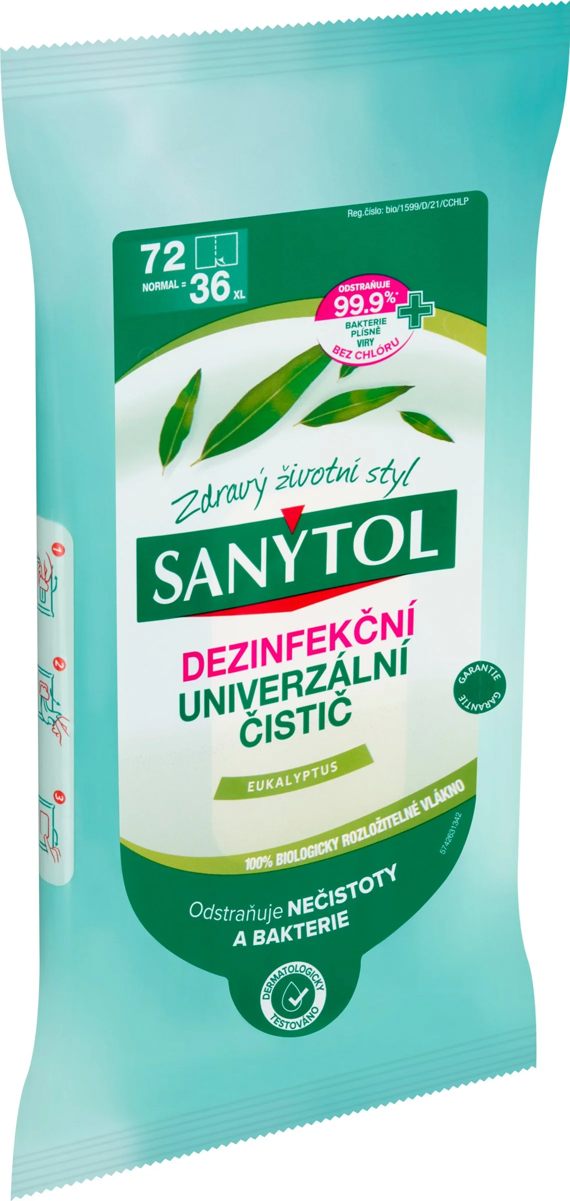 SANYTOL DEZINFEKCIA UNIVERZÁLNY ČISTIČ Utierky 1×36 ks, jednorázové utierky, vôňa eukalyptus