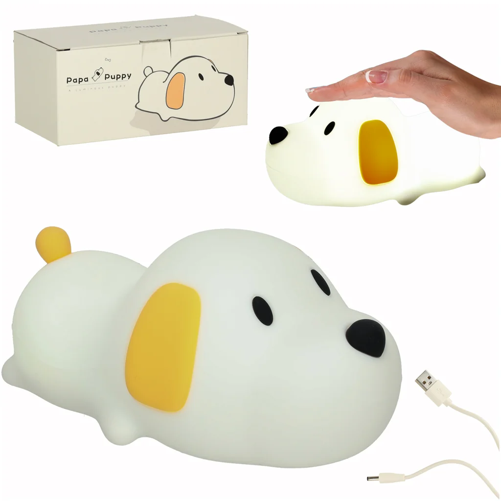 Detská silikónová nočná lampa – biely ležiaci pes, USB nabíjanie