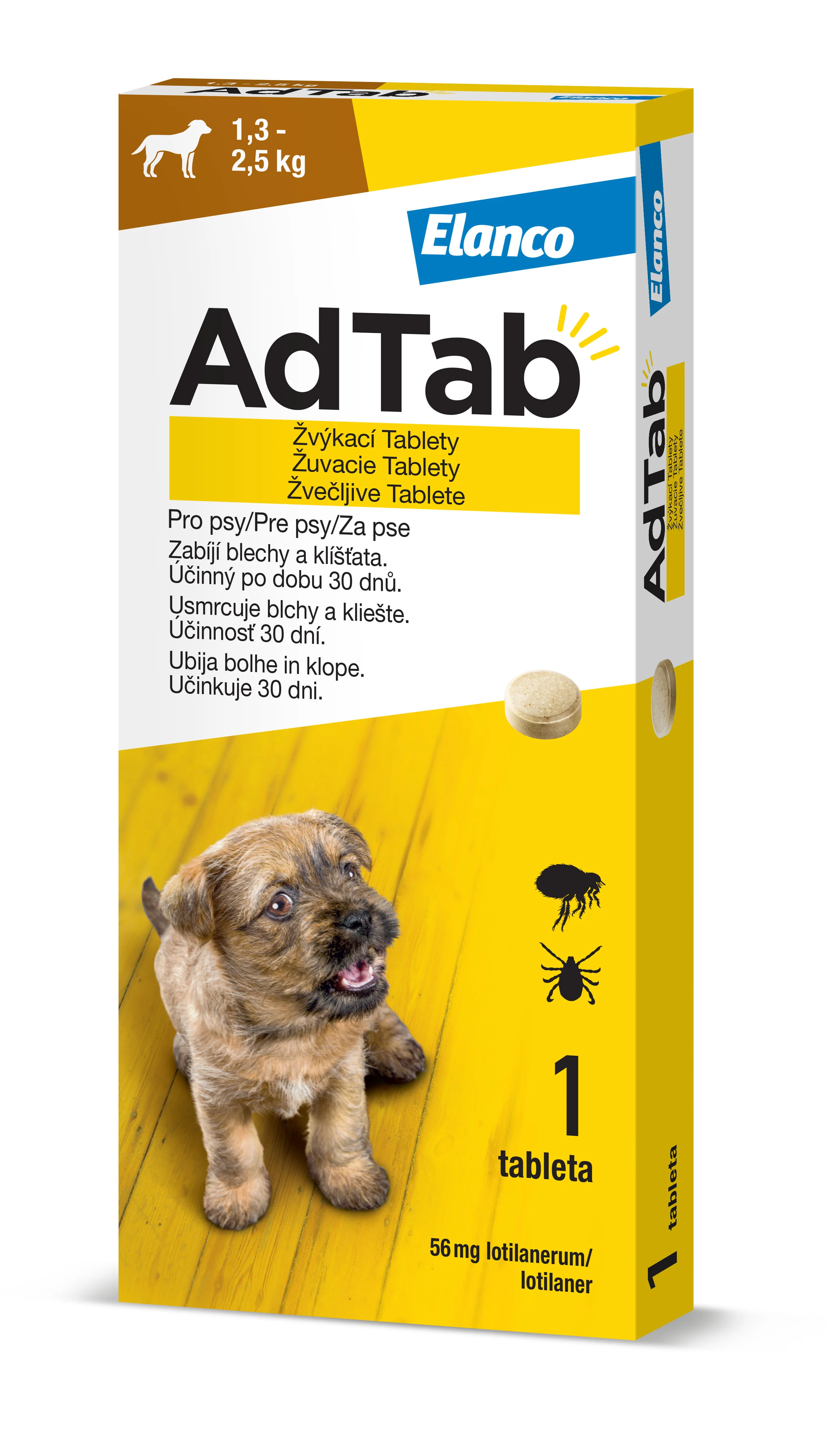 AdTab žuvacie tablety pre psy 56 mg, hmotnosť psa 1,3–2,5 kg 1 tbl