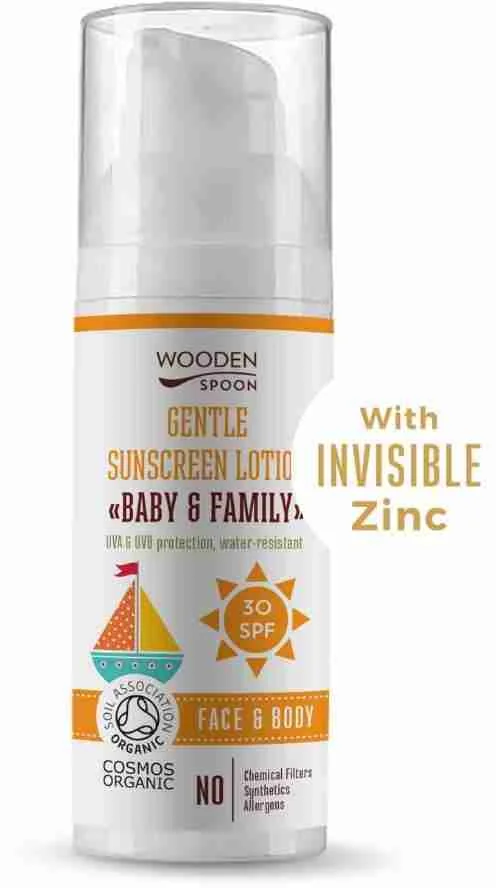 Wooden Spoon Opaľovacie telové mlieko Baby & Family SPF30 50 ml 1×50ml, opaľovacie telové mlieko pre deti