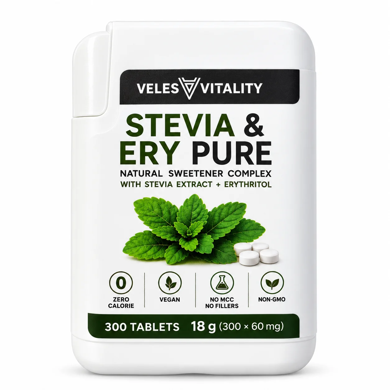 Veles Vitality STEVIA & ERY PURE sladidlo 300 tabliet Prírodné sladidlo so stéviou a erytritolom v dávkovači
