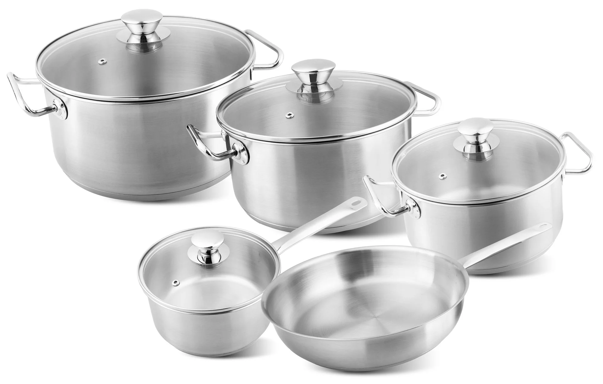 MagicHome sada riadu Chloe, 9 dielov Nerez, panvica 24 cm, 3 kastróly 3/4/6,6 l, rajnica 2 l, sklenené pokrievky