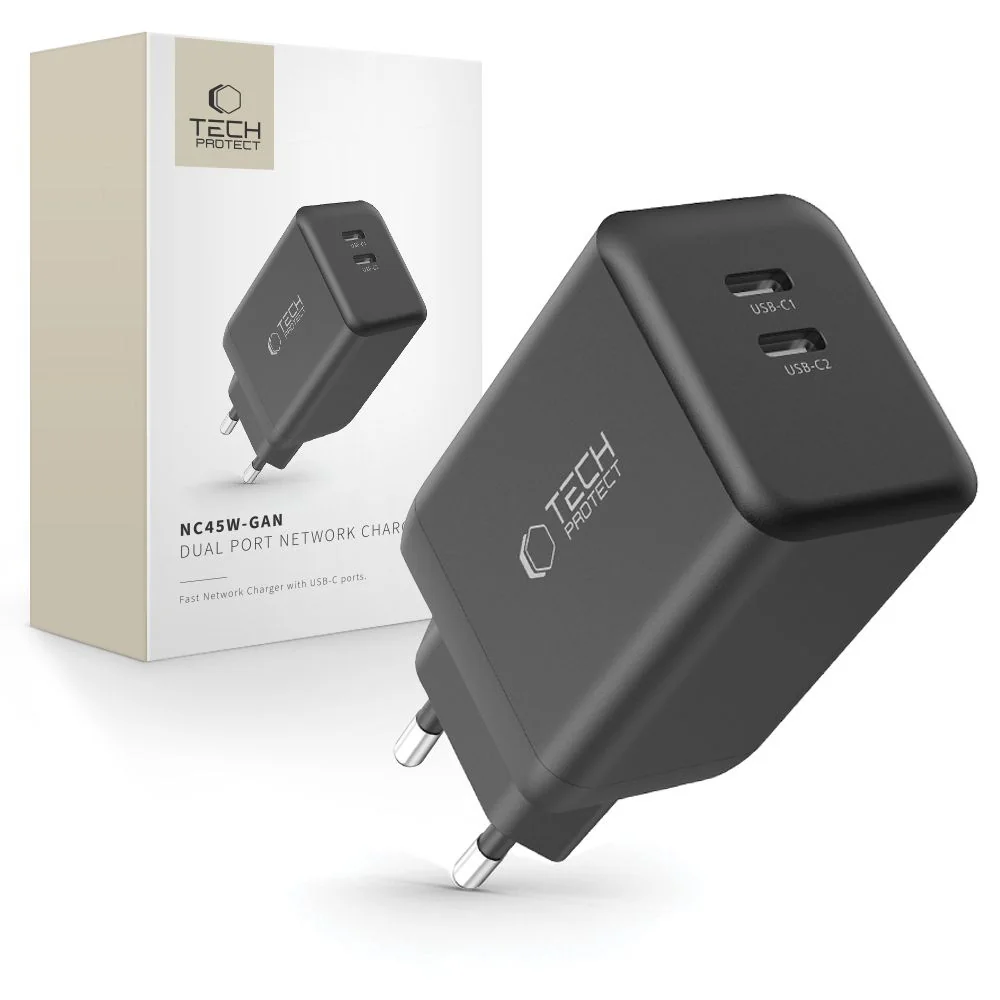 Tech-Protect NC45W GaN sieťová nabíjačka 2x USB-C 45W, čierna