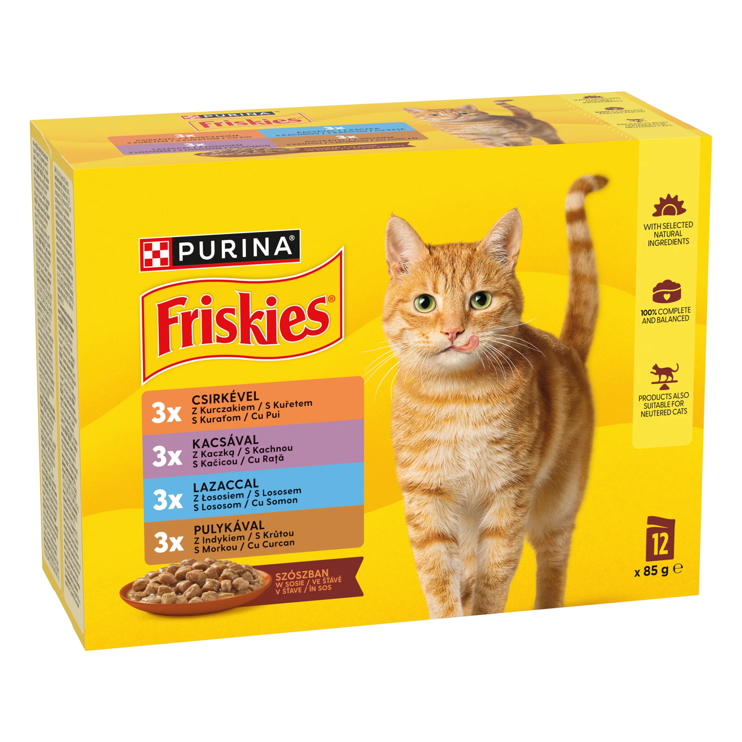 Friskies kapsičky pre mačky kura, kačica, losos, morka v šťave 12×85 g 12×85 g, kompletné krmivo pre dospelé mačky