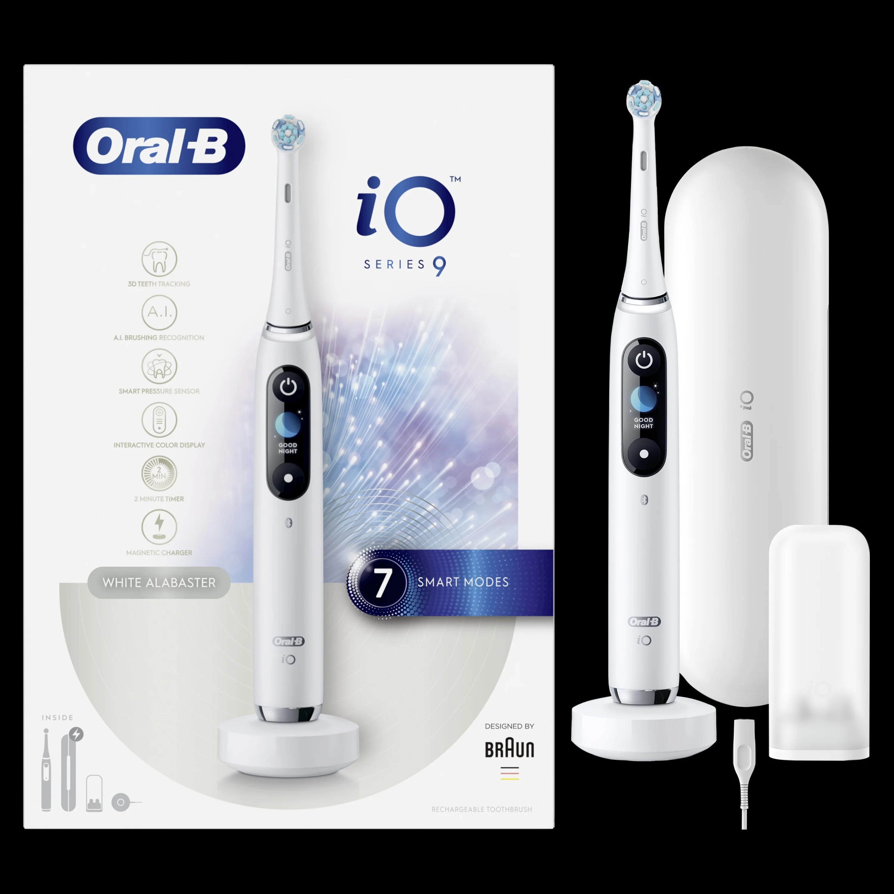 Oral B EK iO Series 9 White alabaster + držiak zubnej kefky + cestovné púzdro 1×1 set, elektroniícká zubná kefka