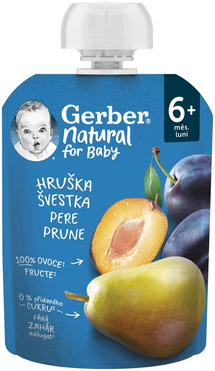 Gerber Natural Kapsička Hruška a slivka; ovocná desiata (od ukonč. 6. mesiaca) 1×90 g, ovocná kapsička pre deti