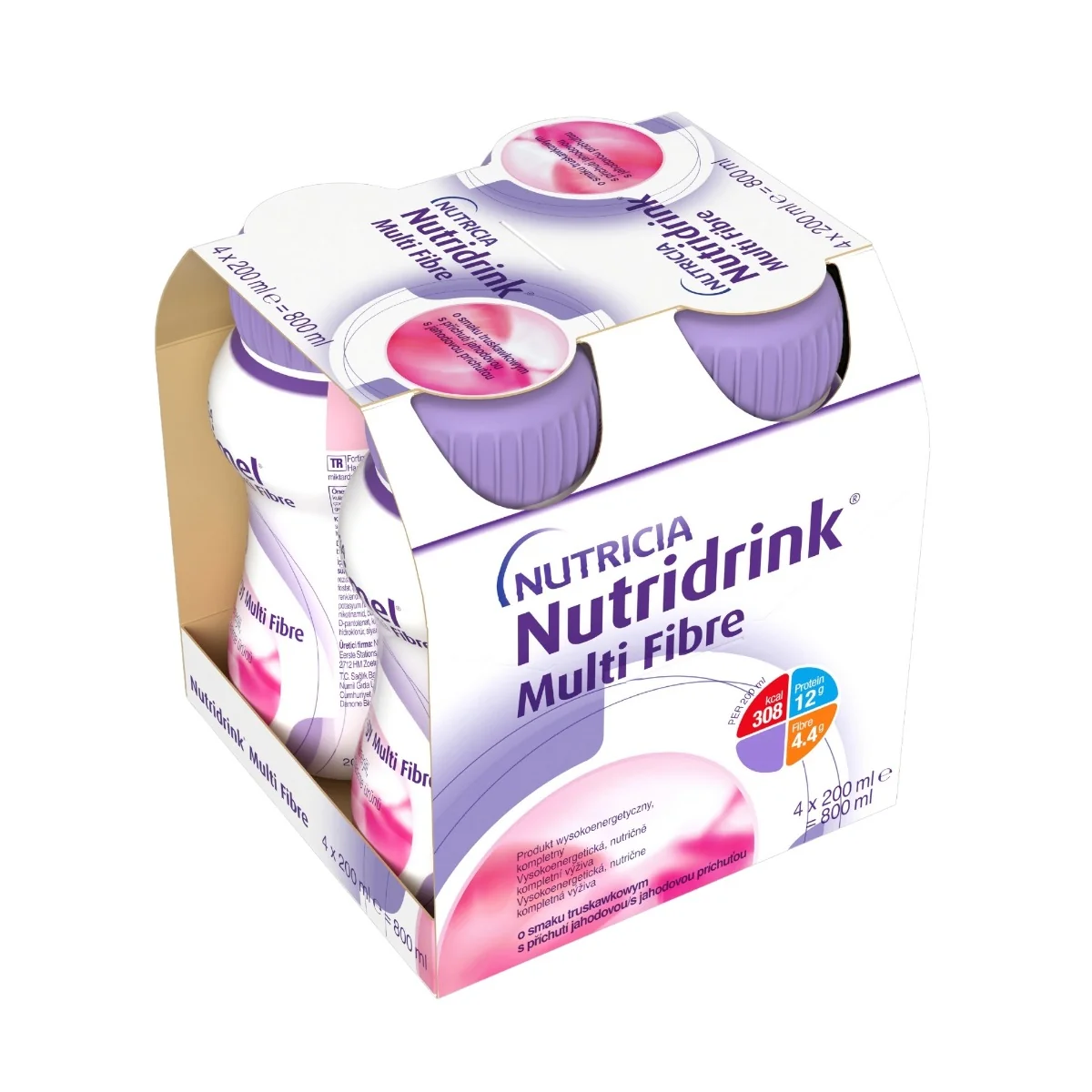 Nutridrink Multi Fibre jahodová príchuť 4×200 ml, nápoj na medicínske účely