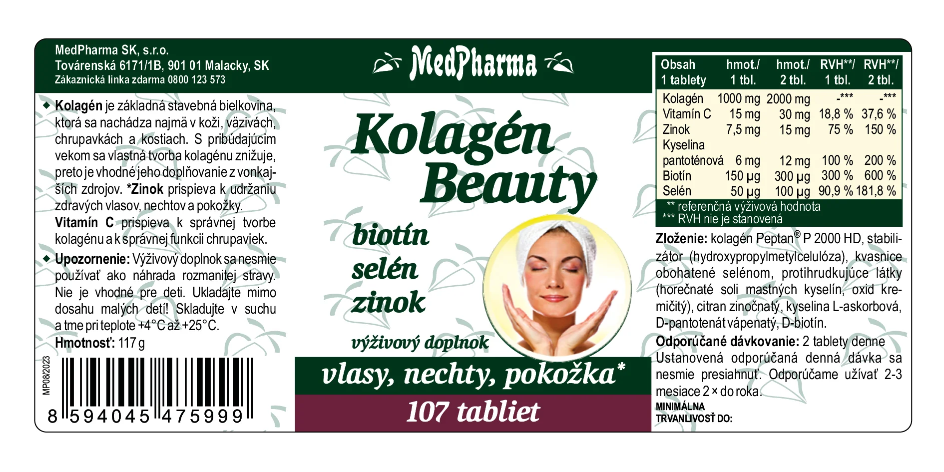 MedPharma Kolagén Beauty – biotín, selén, zinok 1×107 tbl, výživový doplnok