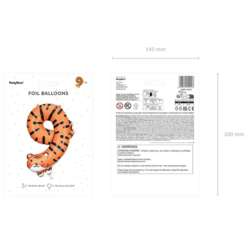 Fóliový balón číslo 9 Tiger – 49×76 cm, zvierací motív na oslavy