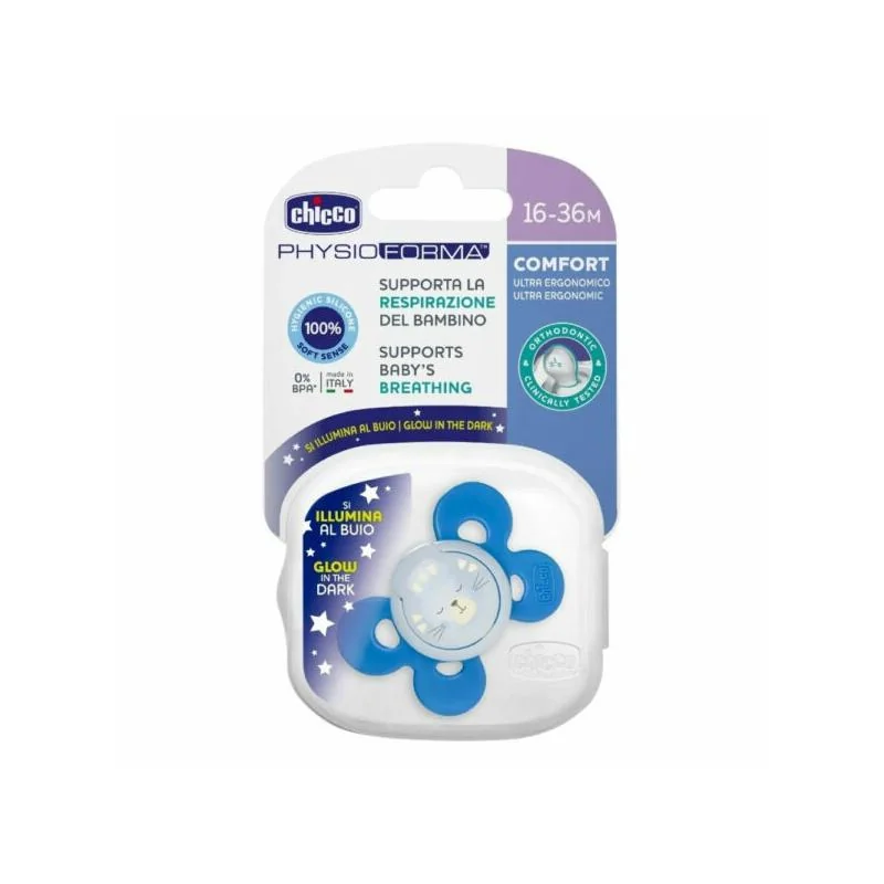 Chicco PHYSIO COMFORT LUMI  silikónový cumlík svietiaci, modrý, 16m+