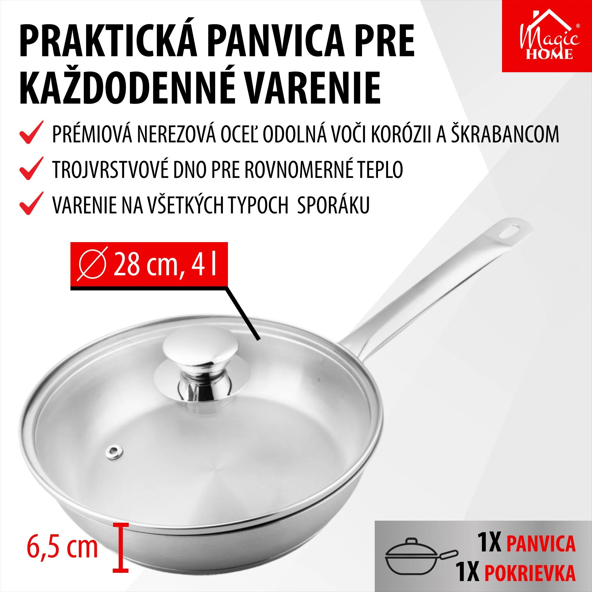 MagicHome panvica Chloe, 1 ks 28 cm, 4 l, so sklenenou pokrievkou, nerez
