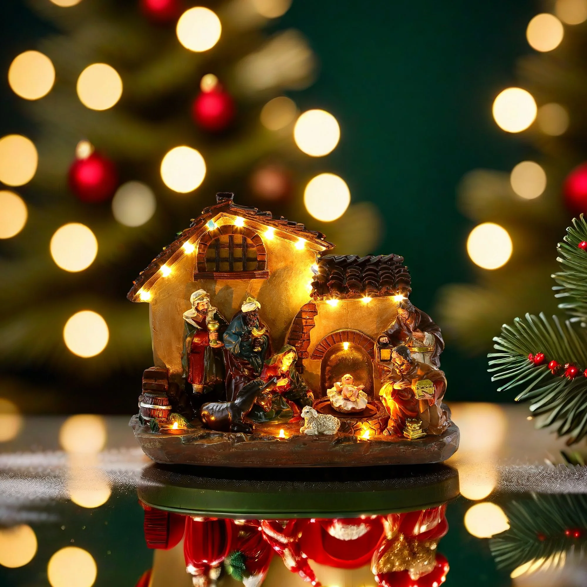 MagicHome vianočný LED domček s betlehemom, 1 ks Polyresin, 17 LED teplá biela, 29x14x24 cm, 3xAA