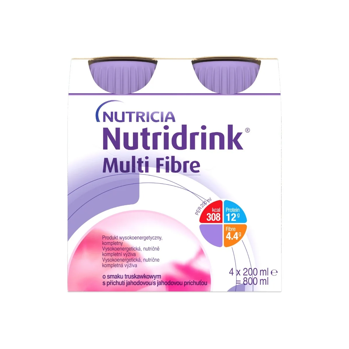 Nutridrink Multi Fibre jahodová príchuť 4×200 ml, nápoj na medicínske účely