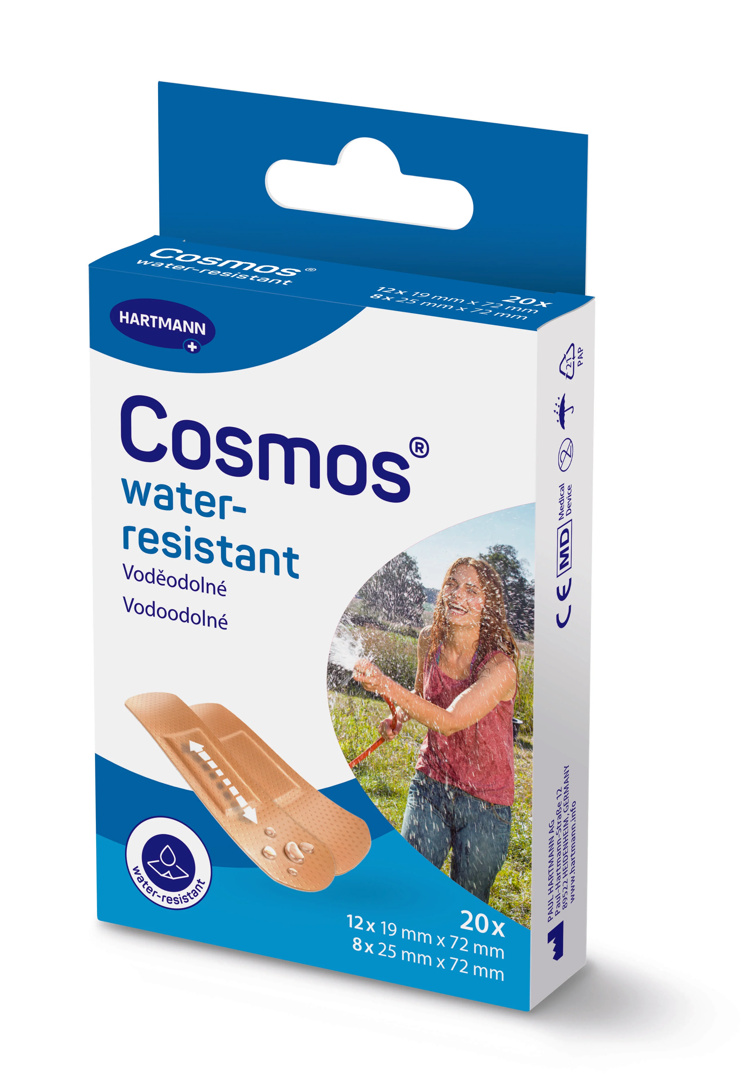 Cosmos water-resistant, delená vodoodolná náplasť, 2 veľkosti, 25 x 72 mm (8x), 19 x 72 mm (12x) 20 ks