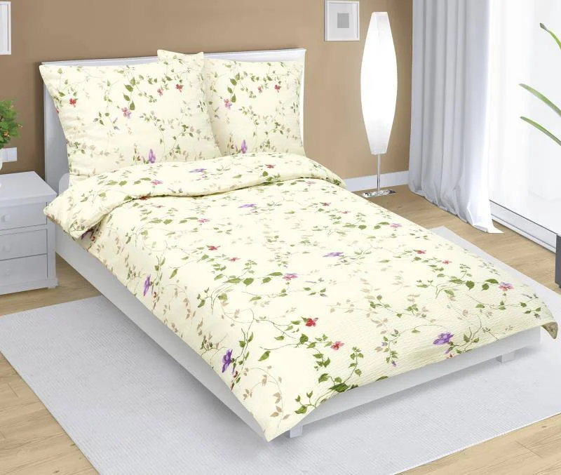 Obliečky krep 80/497 fialky na smotanovej 140x220, 70x90 1×1 ks, obliečky