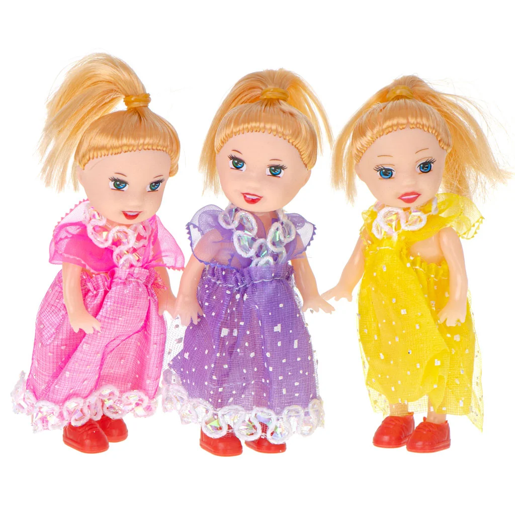 Set 3 bábik do domčeka – 10 cm, farebné šaty