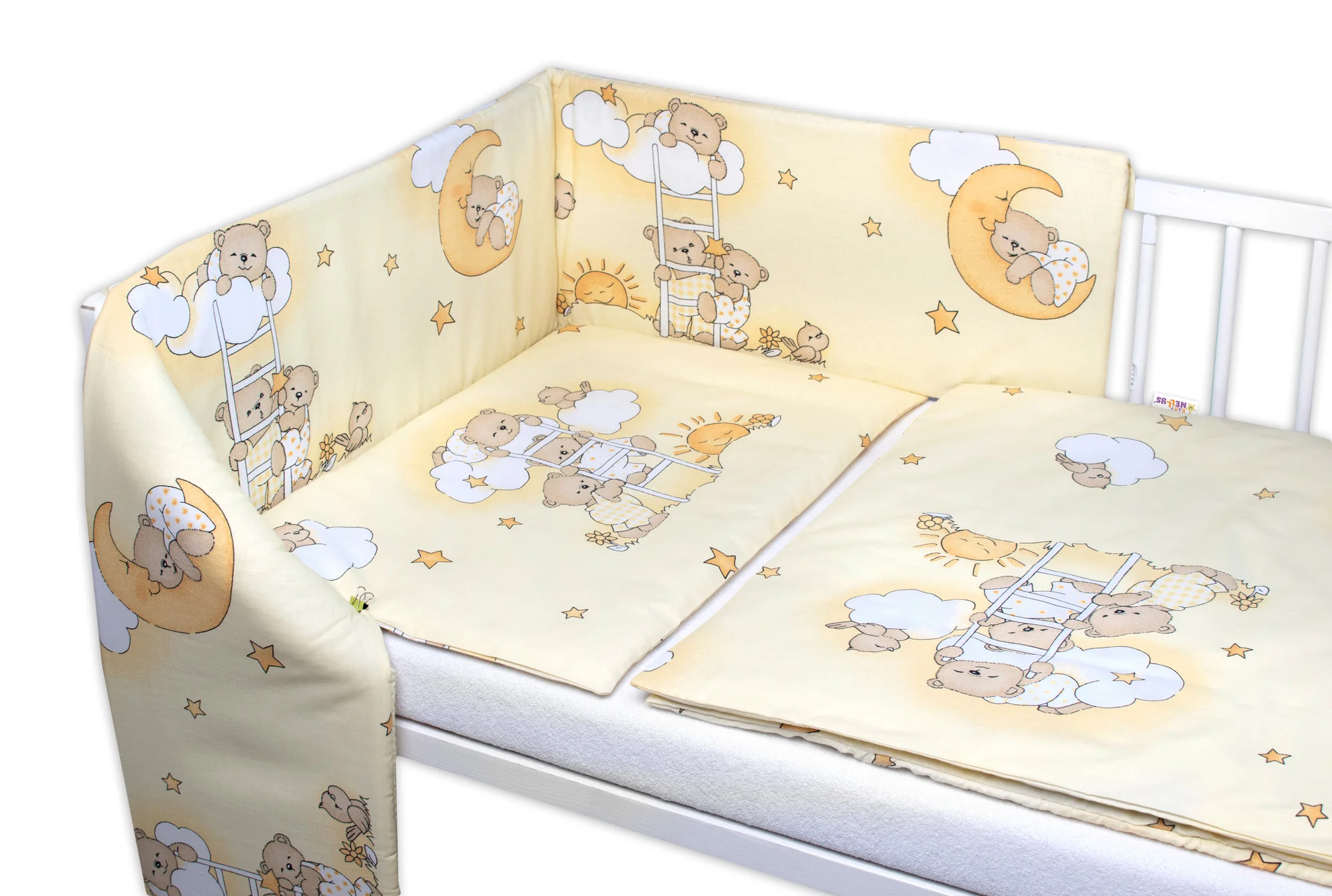 Mantinel s obliečkami Premium, 3D sada, Medvedík na rebríku, žltý, 135x100cm 