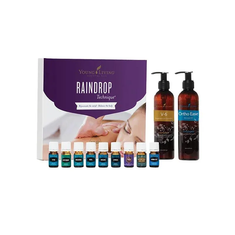 Young Living Raindrop Technique 9x5ml esenciálnych olejov a 2x236ml masážnych olejov