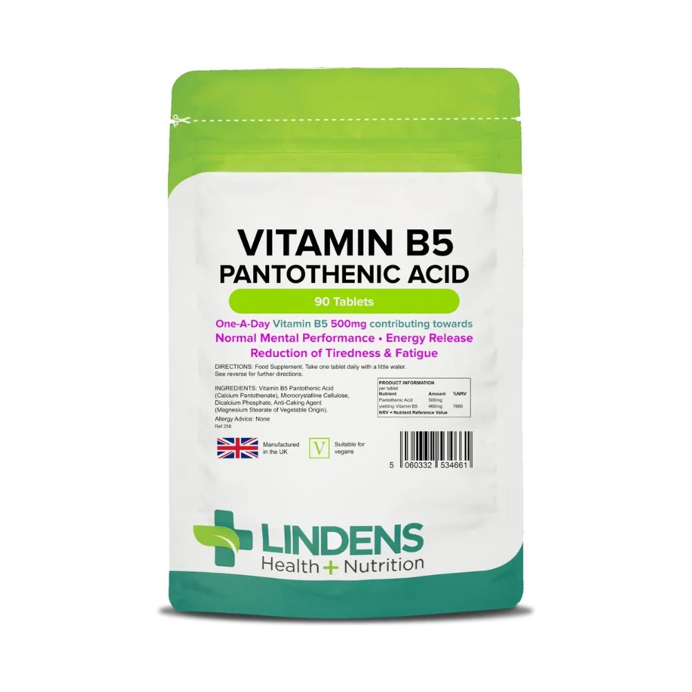 LINDENS Health + Nutrition Vitamín B5 - Kyselina pantoténová 500 mg, 90 tabliet