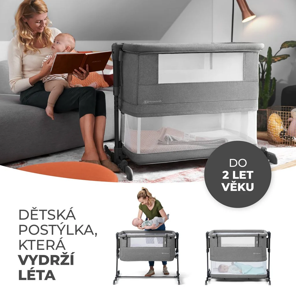 Kinderkraft NESTE GROW detská postieľka prístelka Light Grey Full Wood