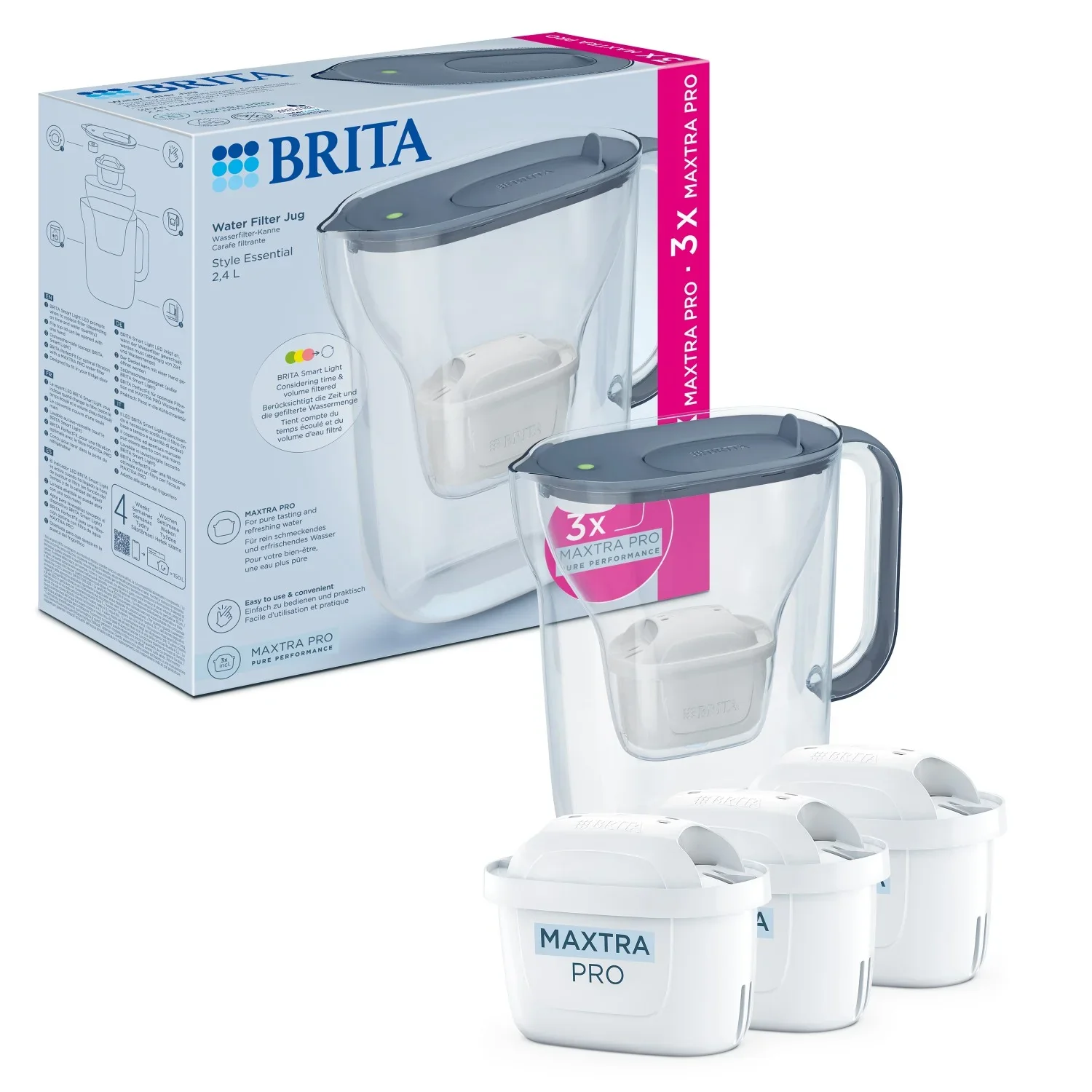 BRITA Style Essential kanvica šedomodrá 2,4l + 3 filtre MP Pure Performance 1 set