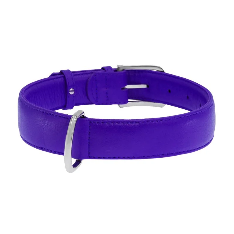 Plochý kožený obojok fialovej farby, Obvod krku: 19-25 cm, širka: 9 mm