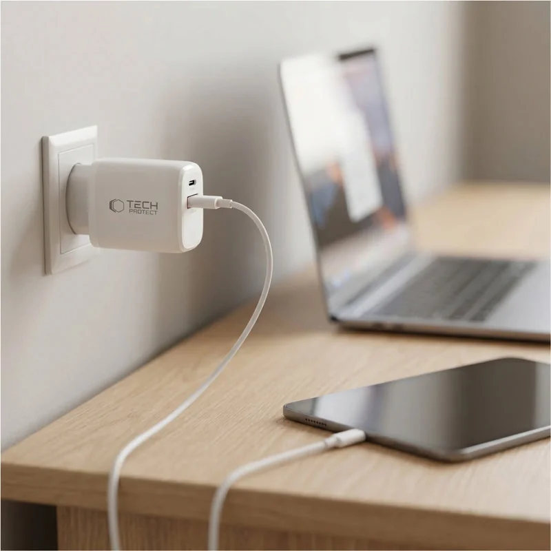 Tech-Protect NCA65W GaN sieťová nabíjačka USB / USB-C QC PD 65W, biela