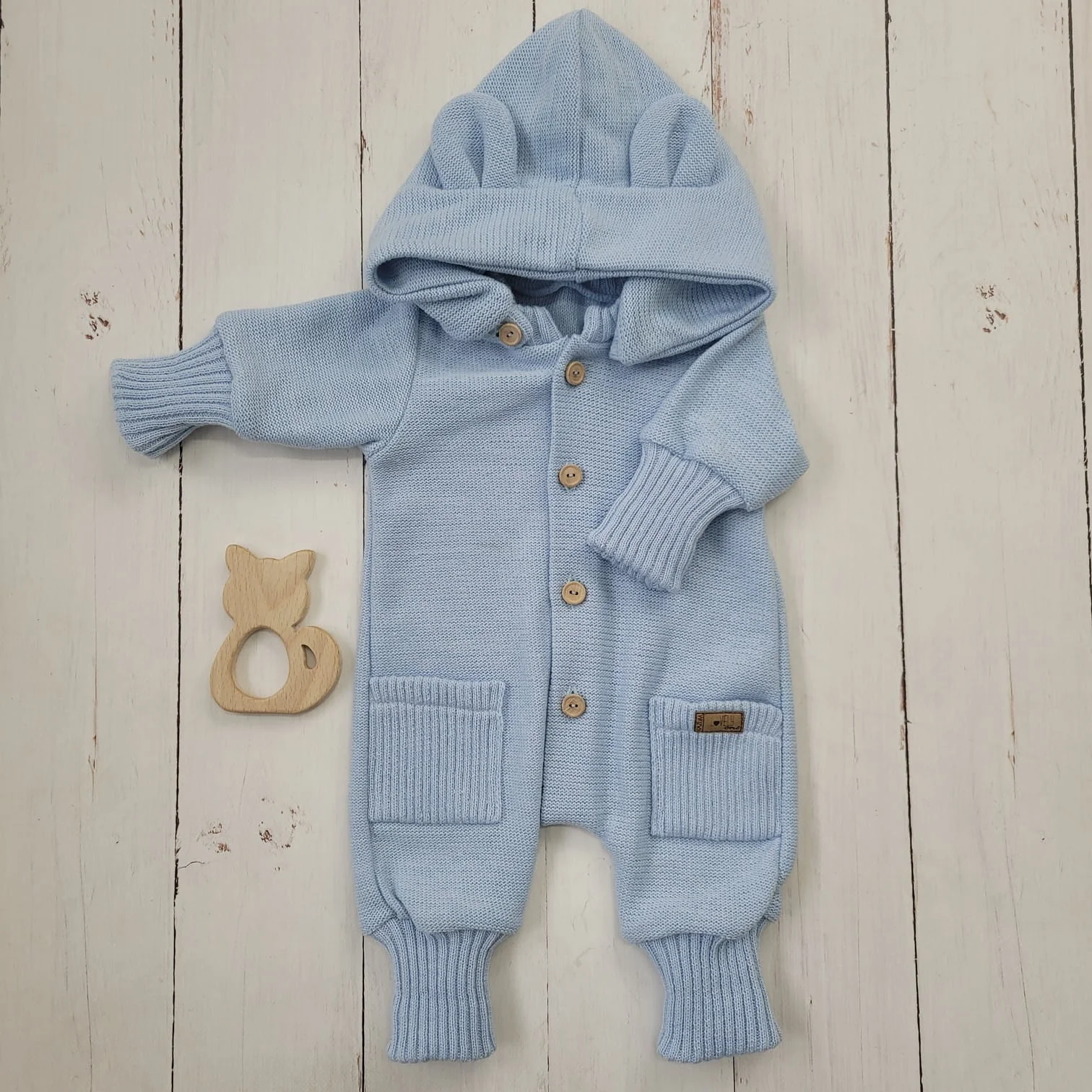 Detský pletený overálok s odopínacou kapucňou - baby blue