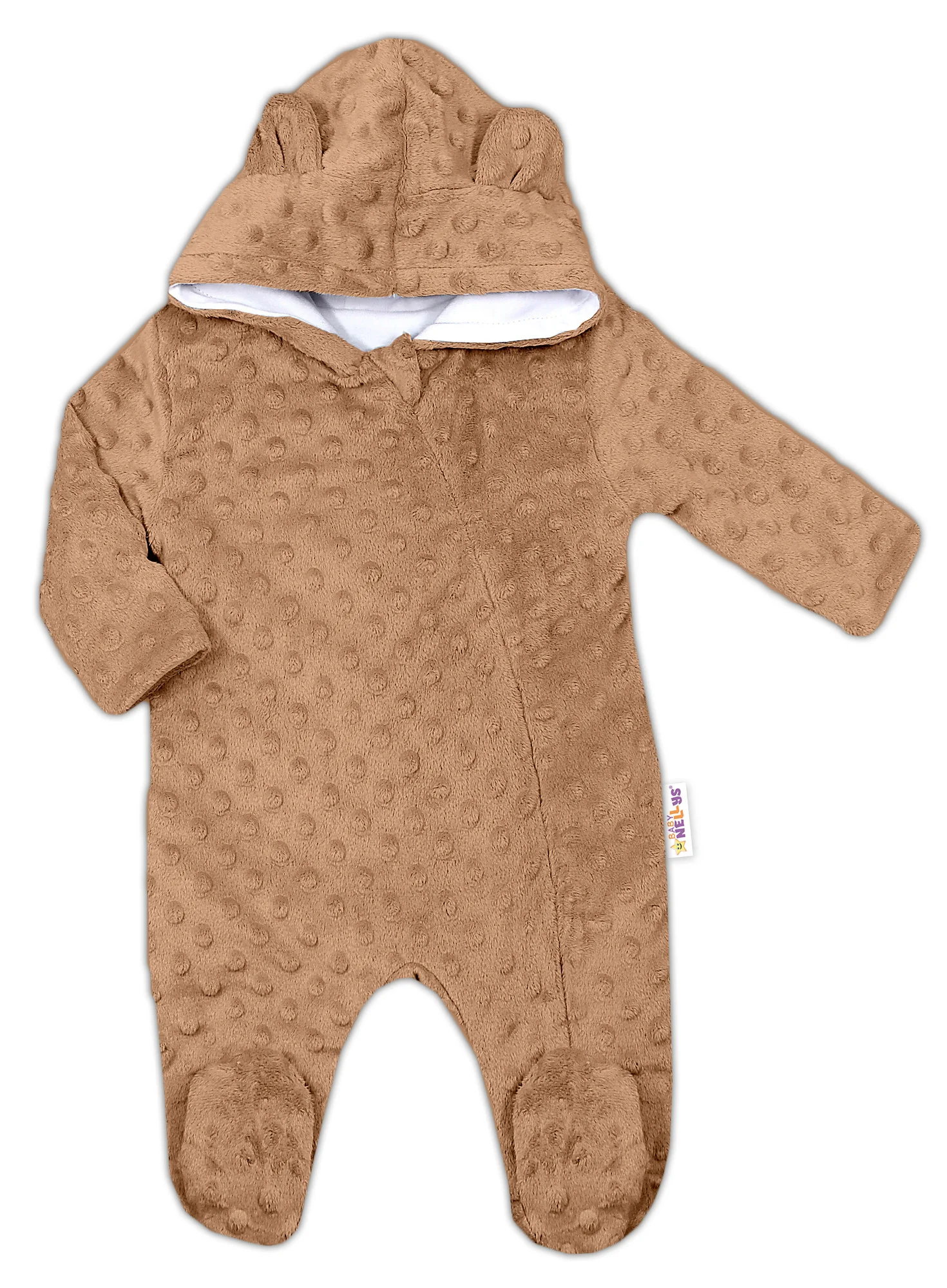 Baby Nellys Kombinézka /overal Minky s kapucňou a uškami - karamel, hnědá, Veľ. 80