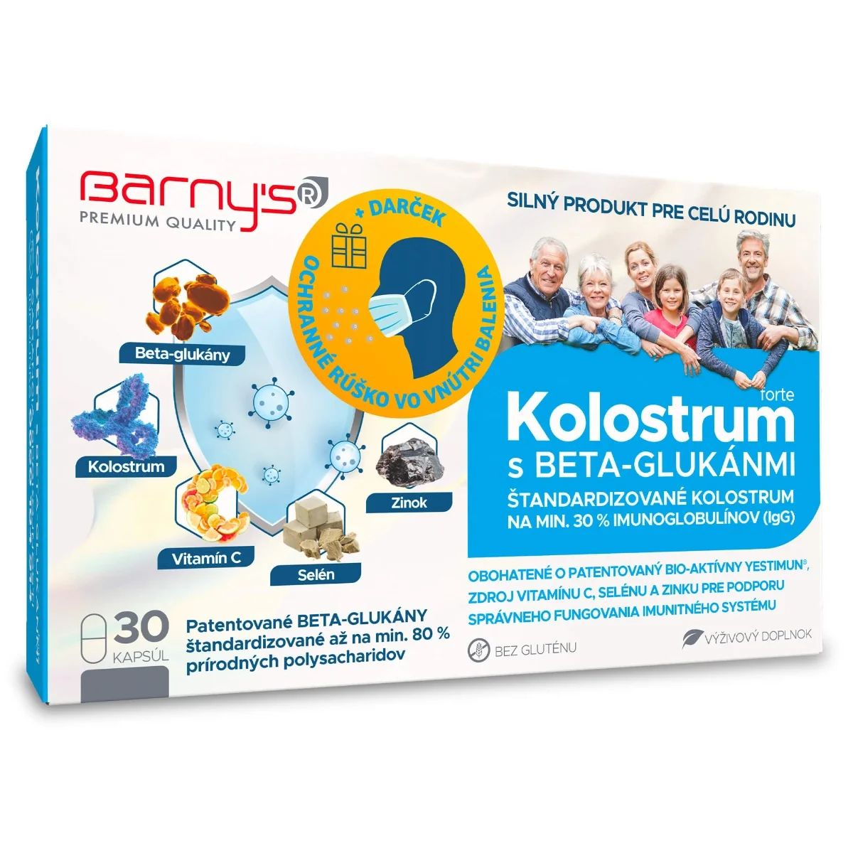 Barny's KOLOSTRUM s beta-glukánmi + rúško 1×1 set, 30 cps + darček