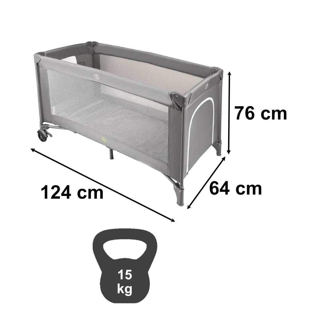 Skladacia cestovná postieľka s matracom pre deti do 15 kg – sivá