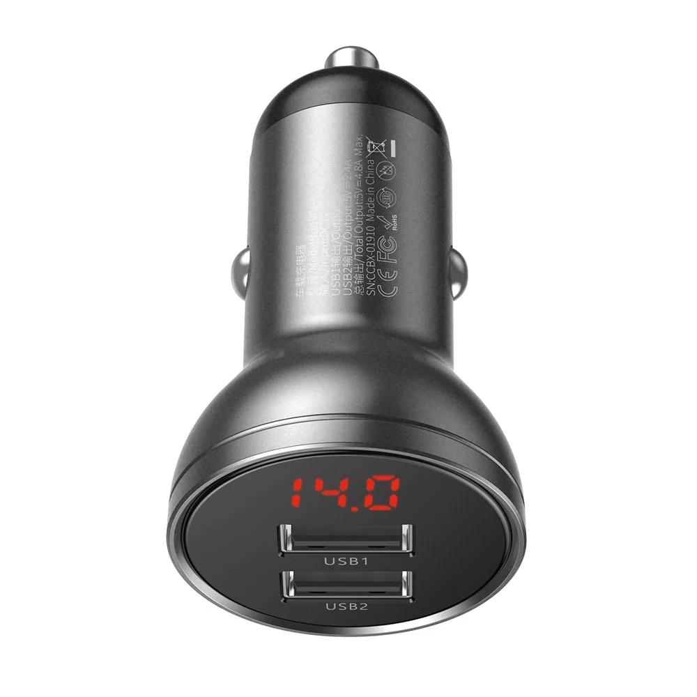 Baseus Digital Display 2x USB autonabíjačka 4.8A, sivá