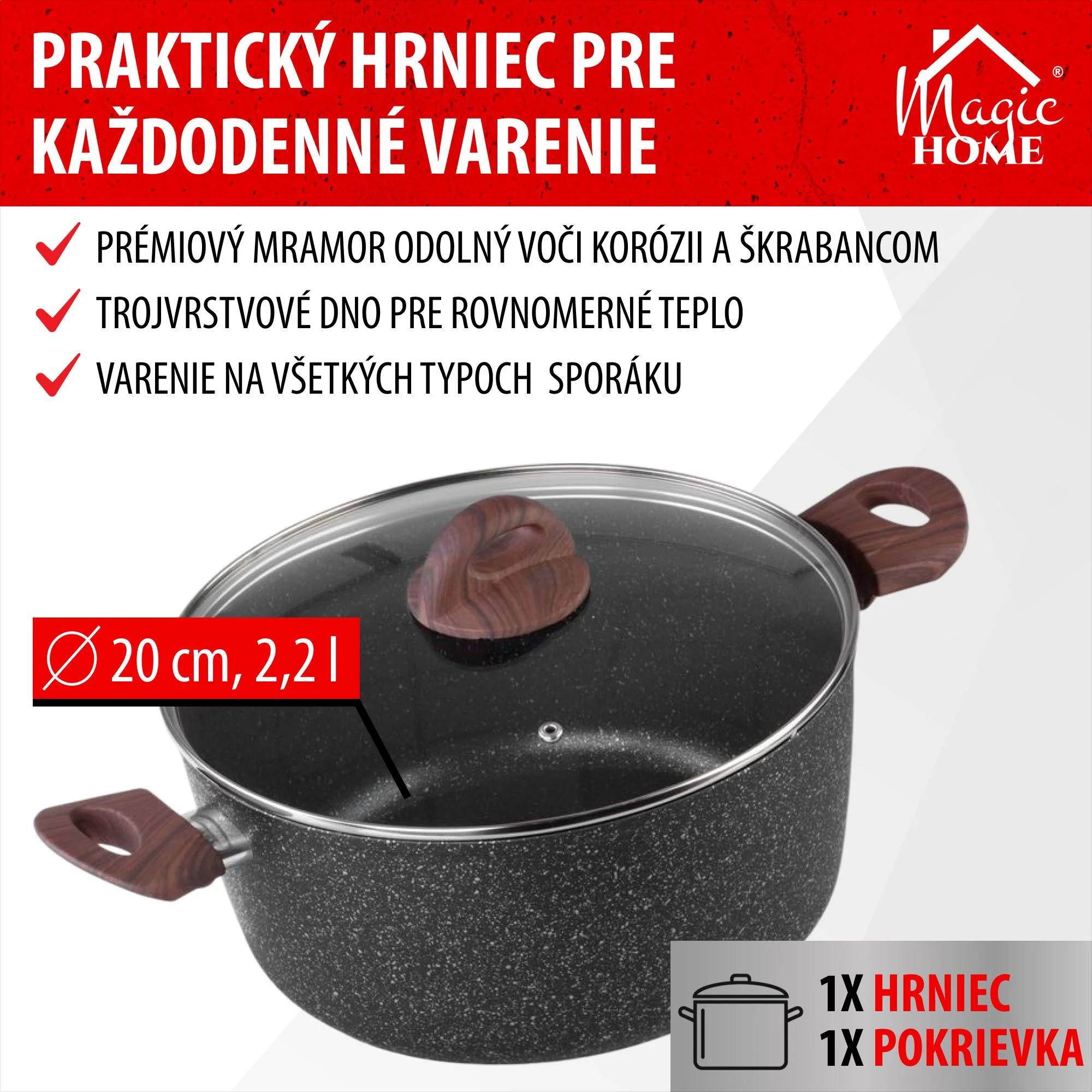 MagicHome hrniec Black Marble Line, 1 ks 20 cm, 2200 ml (2,2 l), s pokrievkou