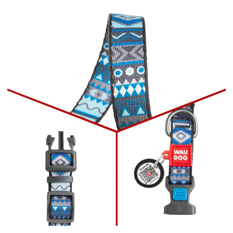 Nylonový obojok s QR kódom ETHNO blue, Varianta: L