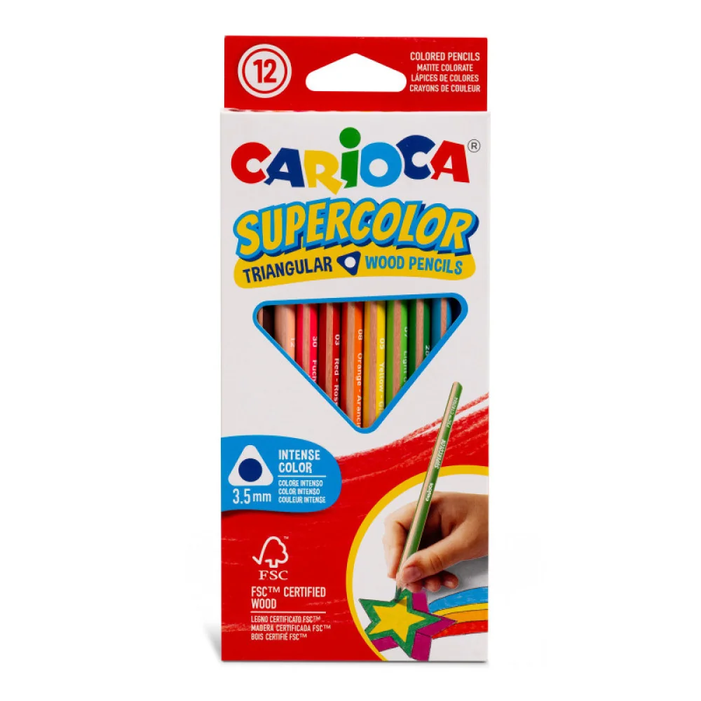 Farbičky SUPERCOLOR trojhranné, nelámavé 12ks + strúhatko so zásobníkom s dvojitým otvorom s gumou CARIOCA