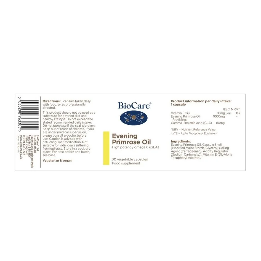 BioCare Evening Primrose Oil - Pupalkový olej - hormonálna rovnováha a zdravie pokožky, 30 kapsúl