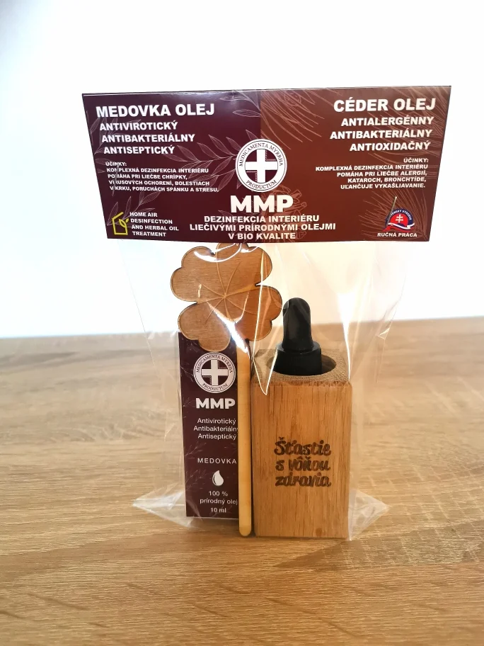 MMP Dezinfekcia interiéru liečivými prírodnými olejmi v bio kvalite - medovka + céder olej + difúzer 1×1 set, komplexná dezinfekcia interiéru