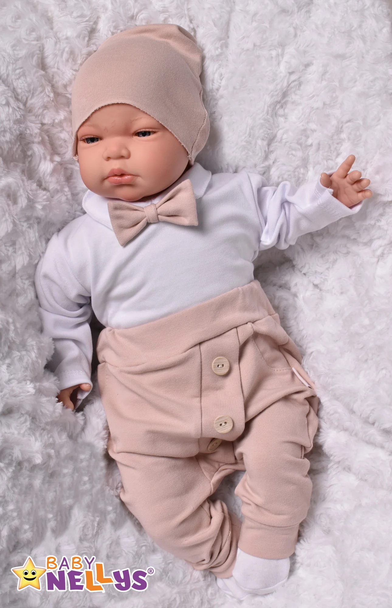 Baby Nellys 3-dielna sada Hubert, body s motýlikom, tepláčiky a čiapočka - béžový, veľ. 92