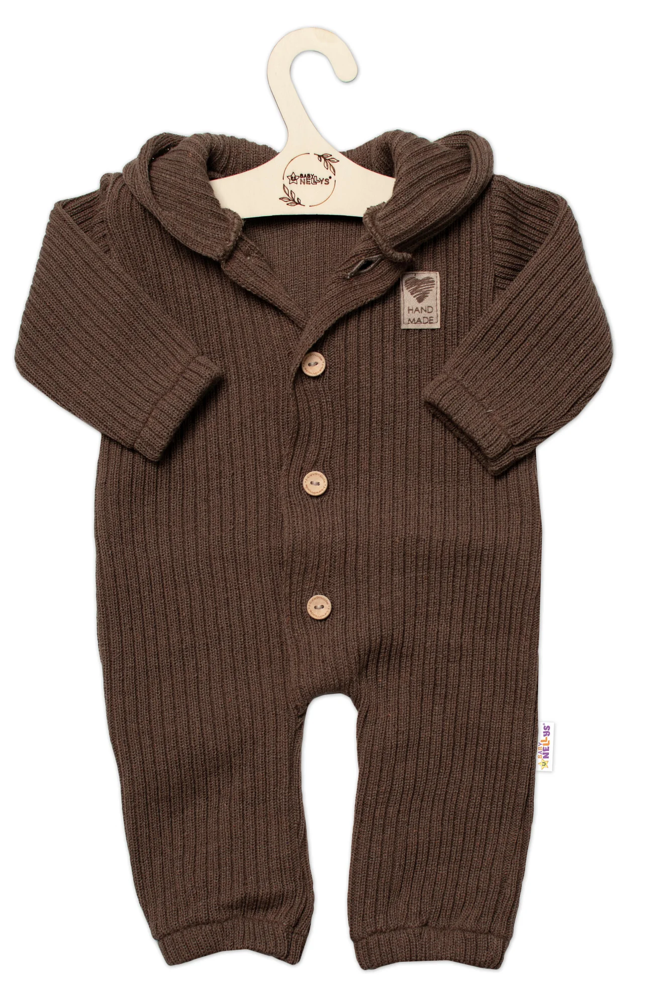 Baby Nellys Pletený overálok s kapucňou a gombíkmi Hand Made, hnedý, veľ. 68/74 