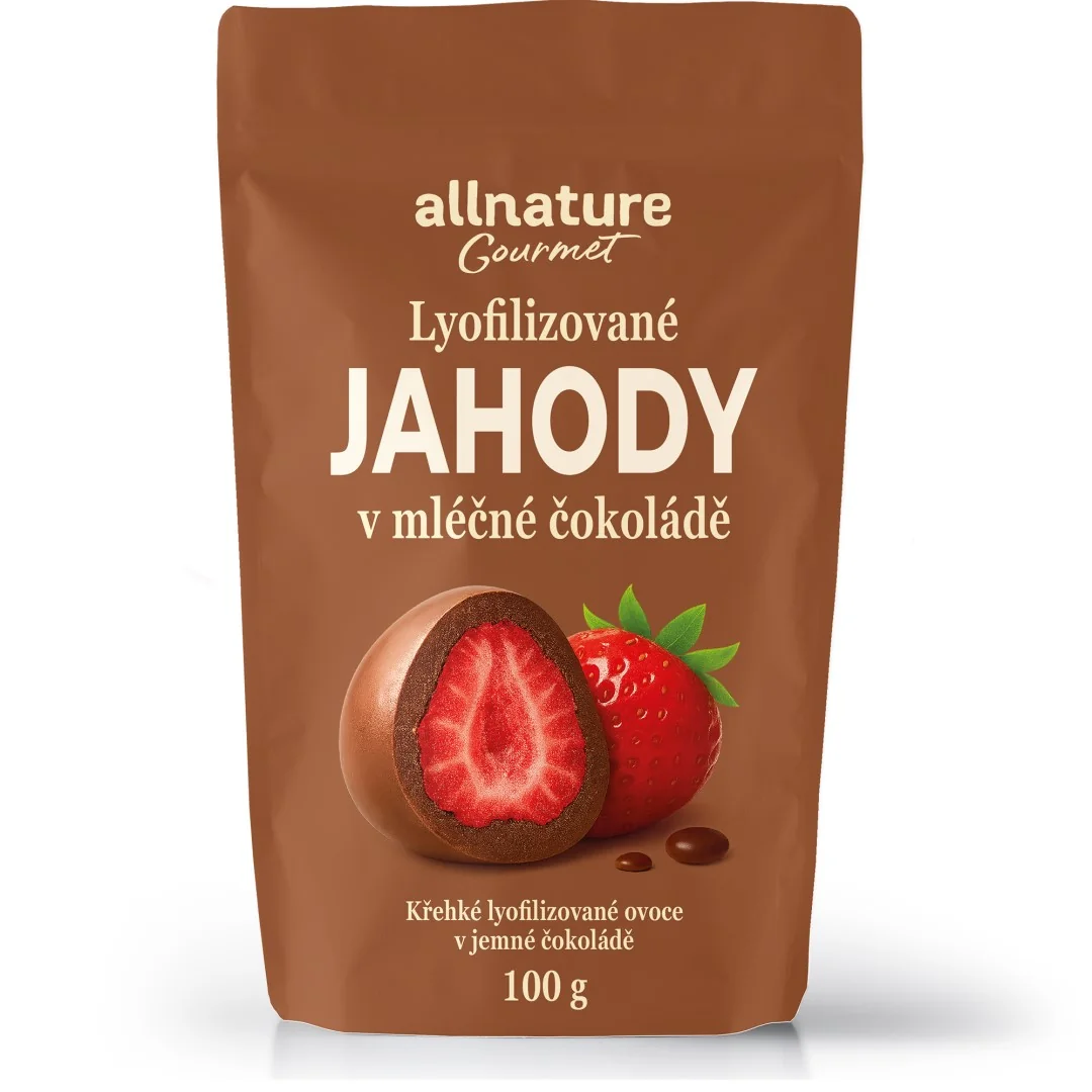 Allnature Mrazom sušené jahody v mliečnej čokoláde 1×100 g, sušené jahody v mliečnej čokoláde