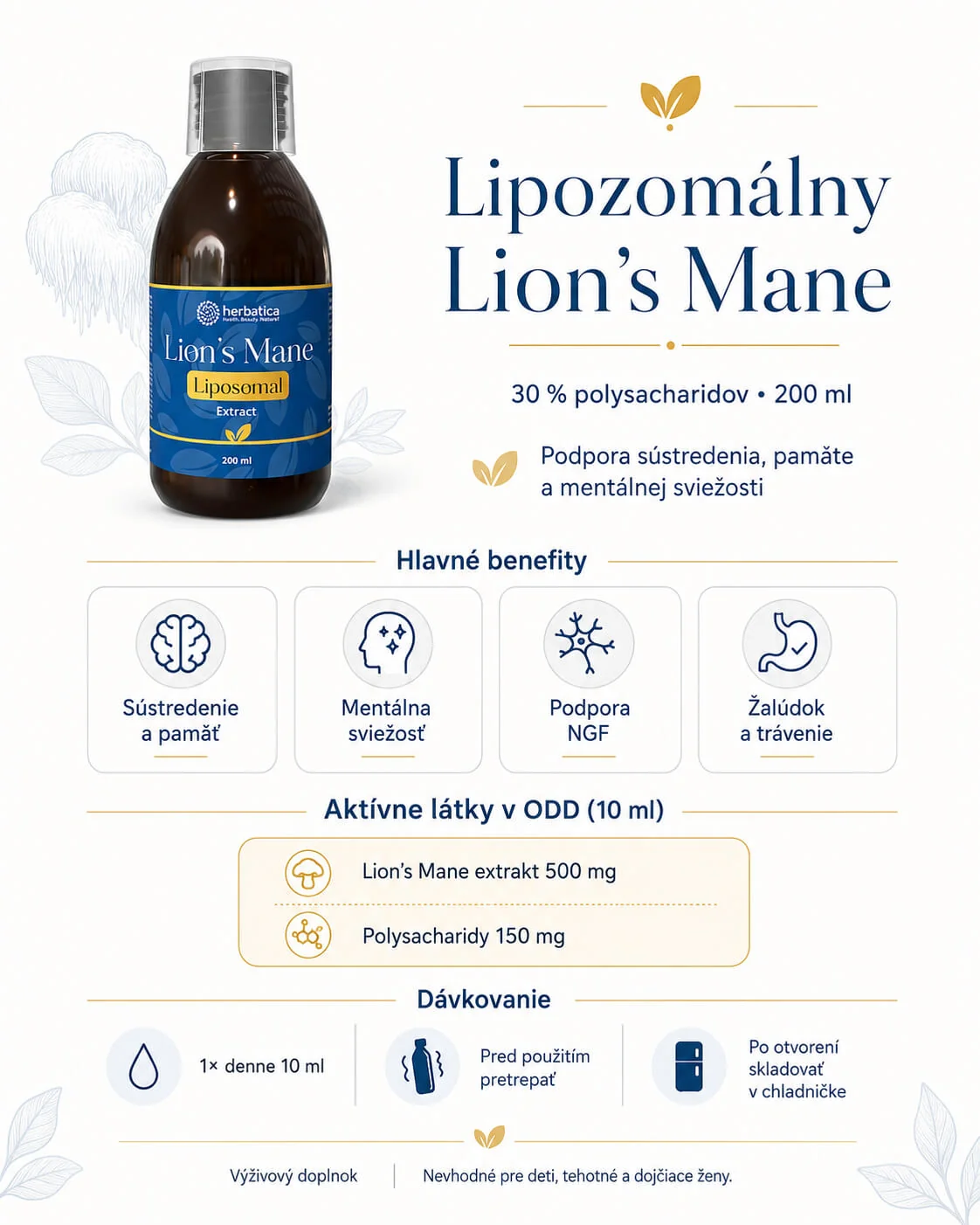 Lipozomálny extrakt Lion's Mane (30% polysacharidy) - 200 ml - Herbatica